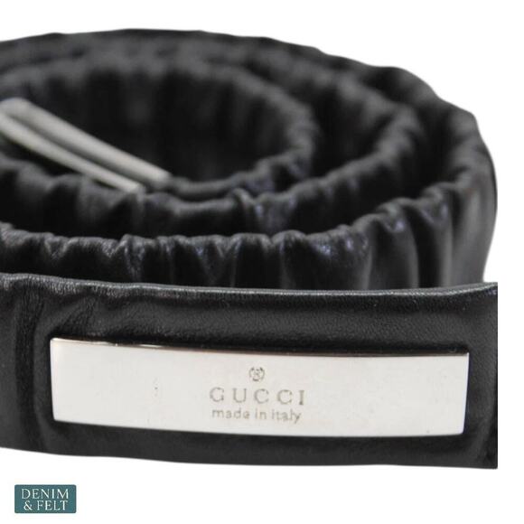Gucci Black Leather Ruched Stretch Belt w/ Silver Logo Plate Buckle Womens Italy main image 8